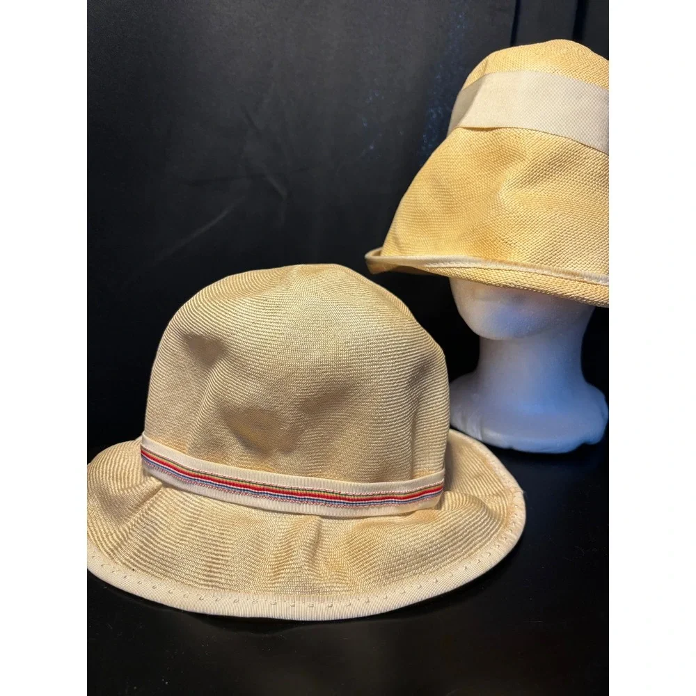 Vintage Miss Bierner Originals Straw Bucket Hat Set Tan Striped Ribbon Bow 2pc